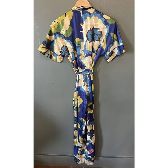 ZARA Women Blue Multicolored Floral Print Short Sleeve Belted Jumpsuit S Small - Picture 2 of 3